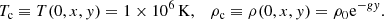 $$ \begin{aligned} T_{\rm c}\equiv T(0,x,y)=1\times 10^6\,\mathrm{K}, \quad \rho _{\rm c}\equiv \rho (0,x,y)=\rho _0\mathrm{e}^{-gy}. \end{aligned} $$