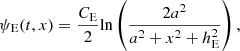 $$ \begin{aligned}&\psi _{\rm E}(t,x)=\frac{C_{\rm E}}{2}\mathrm{ln}\left(\frac{2a^2}{a^2+x^2+h_{\rm E}^2}\right),\end{aligned} $$