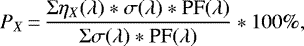 \begin{equation*}P_X\,{=}\,\frac{\Sigma \eta_X(\lambda)\ast \sigma(\lambda)\ast {\textrm{PF}}(\lambda)}{\Sigma \sigma(\lambda)\ast {\textrm{PF}}(\lambda)}\ast 100\%, \end{equation*}