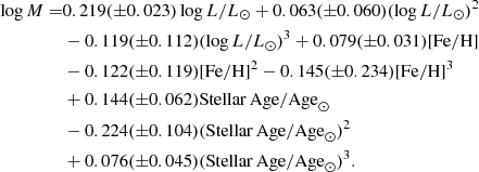 $$ \begin{aligned} \log M =&0.219(\pm 0.023)\log L/L_\odot +0.063(\pm 0.060)(\log L/L_\odot )^2 \\&-0.119(\pm 0.112)(\log L/L_\odot )^3+0.079(\pm 0.031)\mathrm{[Fe/H]} \\&-0.122(\pm 0.119)\mathrm{[Fe/H]}^2 -0.145(\pm 0.234)\mathrm{[Fe/H]}^3 \\&+0.144(\pm 0.062)\mathrm{Stellar\,Age/Age}_\odot \\&-0.224(\pm 0.104)(\mathrm{Stellar\,Age/Age}_\odot )^2 \\&+0.076(\pm 0.045)(\mathrm{Stellar\,Age/Age}_\odot )^3. \end{aligned} $$