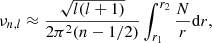 $$ \begin{aligned} \nu _{n,l} \approx \frac{\sqrt{l(l+1)}}{2\pi ^2(n-1/2)} \int _{r_1}^{r_2} \frac{N}{r} \mathrm{d} r, \end{aligned} $$