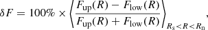 $$ \begin{aligned} \delta F = 100\% \times \Bigg \langle {F_{\rm up}(R)-F_{\rm low}(R)\over F_{\rm up}(R) + F_{\rm low}(R)}\Bigg \rangle _{R_{\rm s} < R < R_{\rm n}}, \end{aligned} $$