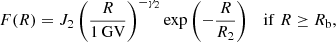 $$ \begin{aligned}&F(R) = J_2 \left(\frac{R}{1\,\mathrm{GV}}\right)^{-\gamma _2}\exp \left( -\frac{R}{R_2}\right) \quad \mathrm{if}\; R \ge R_{\rm b}, \end{aligned} $$