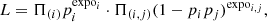 $$ \begin{aligned} {L = \Pi _{(i)}p_{i}^{\mathrm{expo}_{i}} \cdot \Pi _{(i,j)}(1-p_{i}p_{j})^{\mathrm{expo}_{i,j}}}, \end{aligned} $$