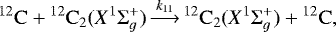 \begin{equation*}\mathrm{^{12}C}+\mathrm{^{12}C_{2}}(X^{1}\Sigma_{g}^{+})\,{\stackrel{k_{11}}{\longrightarrow}}\,\mathrm{^{12}C_{2}}(X^{1}\Sigma_{g}^{+})+\mathrm{^{12}C}, \end{equation*}