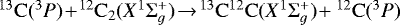 $\mathrm{^{13}C}(^{3}P)\!+\!\mathrm{^{12}C_{2}}(X^{1}\Sigma_{g}^{+})\!\rightarrow\!\mathrm{^{13}C^{12}C}(X^{1}\Sigma_{g}^{+})\!+\mathrm{^{12}C}(^{3}P)$