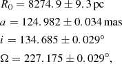$$ \begin{aligned}&R_0 = 8274.9 \pm 9.3\, \mathrm{pc} \nonumber \\&a = 124.982 \pm 0.034\, \mathrm{mas} \nonumber \\&i = 134.685 \pm 0.029^\circ \nonumber \\&\Omega = 227.175 \pm 0.029^\circ , \end{aligned} $$