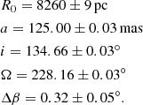 $$ \begin{aligned}&R_0 = 8260 \pm 9\, \mathrm{pc} \nonumber \\&a = 125.00 \pm 0.03\, \mathrm{mas} \nonumber \\&i = 134.66 \pm 0.03^\circ \nonumber \\&\Omega = 228.16 \pm 0.03^\circ \nonumber \\&\Delta \beta =0.32 \pm 0.05^\circ . \end{aligned} $$