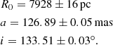 $$ \begin{aligned}&R_0 = 7928 \pm 16\, \mathrm{pc} \nonumber \\&a = 126.89 \pm 0.05\, \mathrm{mas} \nonumber \\&i = 133.51 \pm 0.03^\circ . \end{aligned} $$