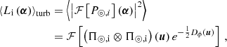 $$ \begin{aligned} {\left\langle L_\mathrm{i} \left(\boldsymbol{\alpha }\right) \right\rangle }_{\mathrm{turb} }&= {\left\langle \left|\mathcal{F} \left[P_{\circledcirc ,i}\right]\left(\boldsymbol{\alpha }\right)\right|^2 \right\rangle } \nonumber \\&= \mathcal{F} \left[\left(\Pi _{\circledcirc ,\mathrm{i} } \otimes \Pi _{\circledcirc ,\mathrm{i} }\right) \left(\boldsymbol{u} \right) e^{-\frac{1}{2}D_\phi \left(\boldsymbol{u}\right)} \right]\,, \end{aligned} $$