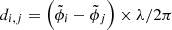 $ d_{i,j} = \left(\tilde{\phi}_i-\tilde{\phi}_j\right)\times\lambda/2\pi $