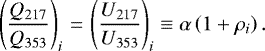 \begin{equation*}\left(\frac{Q_{217}}{Q_{353}}\right)_i\,{=}\,\left(\frac{U_{217}}{U_{353}}\right)_i \equiv \alpha\left(1 + \rho_i\right) . \end{equation*}