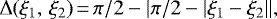 \begin{equation*} \Delta(\xi_1,\, \xi_2)\,{=}\,\pi/2 - |\pi/2 - |\xi_1 - \xi_2||,\end{equation*}