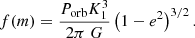 $$ \begin{aligned} f(m) = \frac{P_{\mathrm{orb} }K_1^3}{2 \pi \ G} \left(1 - e^2\right)^{3/2}. \end{aligned} $$