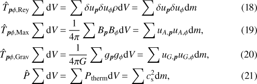 \begin{align*} \hat{T}_{\vec{p}\phi, \textrm{Rey}} \sum {\textrm{d}}V &\,{=}\, \sum \delta u_{\vec{p}} \delta u_{\phi} \rho {\textrm{d}}V \,{=}\,\sum \delta u_{\vec{p}} \delta u_{\phi} {\textrm{d}}m \\ \hat{T}_{\vec{p}\phi, \textrm{Max}} \sum {\textrm{d}}V &\,{=}\, {1\over 4 \pi} \sum B_{\vec{p}} B_{\phi} {\textrm{d}}V\,{=}\,\sum u_{A,\vec{p}} u_{A,\phi} \textrm{d}m, \\ \hat{T}_{\vec{p}\phi, \textrm{Grav}} \sum {\textrm{d}}V &\,{=}\, {1\over 4 \pi G} \sum g_{\vec{p}} g_{\phi} {\textrm{d}}V\,{=}\,\sum u_{G,\vec{p}} u_{G,\phi} \textrm{d}m, \\ \hat{P} \sum {\textrm{d}}V &\,{=}\,\sum P_{\textrm{therm}}\textrm{d}V\,{=}\,\sum c_{\textrm{s}}^2 \textrm{d}m, \end{align*}