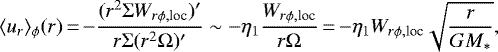 \begin{align*} \langle u_r \rangle_{\phi} (r) \,{=}\,{-} { (r^2\Sigma W_{r\phi, \textrm{loc}})^{\prime} \over r\Sigma(r^2\Omega)^{\prime}} \sim - \eta_1 {W_{r\phi, \textrm{loc} }\over r\Omega}\,{=}\,{-} \eta_1 W_{r\phi, \textrm{loc}} \sqrt{r\over GM_{\ast}}, \end{align*}