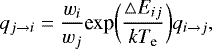 \begin{equation*} q_{j\rightarrow i}=\frac{w_i}{w_j}\text{exp}\bigg(\frac{\bigtriangleup E_{ij}}{kT_{\textrm{e}}}\bigg)q_{i\rightarrow j}, \end{equation*}