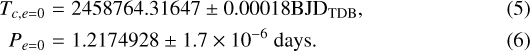 \begin{eqnarray*} T_{c, e=0} &=& 2458764.31647 \pm 0.00018 \mathrm{BJD_{TDB}},\\ P_{e=0} &=& 1.2174928 \pm 1.7\times10^{-6}~ \mathrm{days}. \end{eqnarray*}
