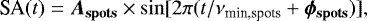 \begin{equation*} \textrm{SA}(t) = {{\bm A}_{\textbf{spots}}} \times \sin[2\pi(t/\nu_{\textrm{min,spots}} + {{\bm \phi}_{\textbf{spots}}})],\, \end{equation*}
