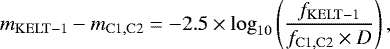 \begin{equation*} m_{\mathrm{KELT-1}} - m_{\mathrm{C1,C2}} = -2.5 \times \log_{10}\left(\frac{f_{\mathrm{KELT-1}}}{f_{\mathrm{C1,C2}} \times D} \right), \end{equation*}