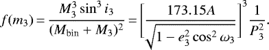 \begin{equation*} f(m_3)\,{=}\,\frac{M_3^3 \sin^3 i_3}{(M_{\textrm{bin}} + M_3)^2}\,{=}\,\Bigg[ \frac{173.15 A}{\sqrt[]{1 - e_3^2 \cos^2 \omega_3}} \Bigg]^3 \frac{1}{P_3^2} .\end{equation*}