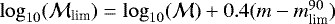 $\log_{10}(\mathcal{M}_{\textrm{lim}}) = \log_{10}(\mathcal{M}) + 0.4(m - m_{\textrm{lim}}^{90})$