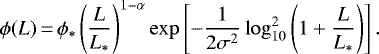 \begin{equation*} \phi(L) \,{=}\, \phi_* \left(\frac{L}{L_*}\right)^{1-\alpha} \exp\left[ - \frac{1}{2\sigma^2} \log^2_{10}\left(1+\frac{L}{L_*}\right)\right]. \end{equation*}