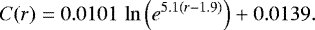 \begin{equation*}C(r) = 0.0101 \,\ln \left(e^{5.1 (r - 1.9)} \right) + 0.0139.\end{equation*}