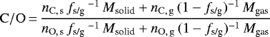 \begin{equation*}\mathrm{C}/\mathrm{O} \,{=}\, \frac{{n_{\mathrm{C},\,\mathrm{s}}}\,{{f_{\textrm{s/g}}}}\,^{-1}\,{{M_{\textrm{solid}}}} +{n_{\mathrm{C},\,\mathrm{g}}}\,(1-{{f_{\textrm{s/g}}}})^{-1}\,{M_{\textrm{gas}}}}{{n_{\mathrm{O},\,\mathrm{s}}}\,{{f_{\textrm{s/g}}}}\,^{-1}\,{{M_{\textrm{solid}}}} +{n_{\mathrm{O},\,\mathrm{g}}}\,(1-{{f_{\textrm{s/g}}}})^{-1}\,{M_{\textrm{gas}}}} \end{equation*}