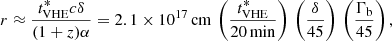 $$ \begin{aligned} r \approx \frac{t^{*}_{\rm VHE}c\delta }{(1+z)\alpha } = 2.1 \times 10^{17}\,\mathrm{cm}\,\left(\frac{t^{*}_{\rm VHE}}{20\,\mathrm{min}}\right)\,\left(\frac{\delta }{45}\right)\,\left(\frac{\Gamma _{\rm b}}{45}\right), \end{aligned} $$