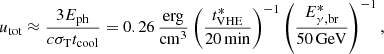 $$ \begin{aligned} u_{\rm tot} \approx \frac{3 E_{\rm ph}}{c\sigma _{\rm T} t_{\rm cool}} = 0.26\,\frac{\mathrm{erg}}{\mathrm{cm}^{3}} \left( \frac{t^{*}_{\rm VHE}}{20\,\mathrm{min}} \right)^{-1} \left( \frac{E^{*}_{\rm \gamma ,br}}{50\,\mathrm{GeV}} \right)^{-1}, \end{aligned} $$
