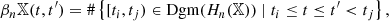 $$ \begin{aligned} \beta _n \mathbb{X} (t,t^\prime ) = \#\left\{ {[t_i,t_j) \in \mathrm{Dgm}(H_n(\mathbb{X} )) \mid t_i \le t \le t^\prime < t_j}\right\} , \end{aligned} $$