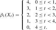 $$ \begin{aligned} \beta _1(X_t) = {\left\{ \begin{array}{ll} 4,&0 \le t <1, \\ 3,&1 \le t <2, \\ 2,&2 \le t <3, \\ 1,&3 \le t < 4, \\ 0,&4 \le t. \end{array}\right.} \end{aligned} $$