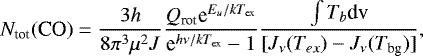 \begin{equation*} N_{\textrm{tot}}(\textrm{CO}) = \frac{3h}{8\pi^3{\mu}^2J} \frac{Q_{\textrm{rot}}\textrm{e}^{E_u/kT_{\textrm{ex}}}}{\textrm{e}^{h\nu/kT_{\textrm{ex}}}-1}\frac{\int T_b \textrm{d}\textrm{v}}{[J_{\nu}(T_{ex})-J_{\nu}(T_{\textrm{bg}})]}, \end{equation*}