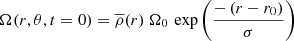 $$ \begin{aligned} \Omega (r,\theta ,t=0) = \overline{\rho }(r) ~ \Omega _0 \, \exp {\left( \displaystyle \frac{-\left(r - r_0 \right)}{\sigma }\right)} \end{aligned} $$