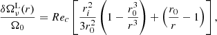 $$ \begin{aligned} \displaystyle \frac{\delta \Omega _{\nu }^{\mathrm{L}}(r)}{\Omega _0} = Re_c \left[\displaystyle \frac{r_i^2}{3 r_0^2} \left( 1 - \displaystyle \frac{r_0^3}{r^3} \right) + \left( \displaystyle \frac{r_0}{r} - 1 \right) \right] ,\end{aligned} $$