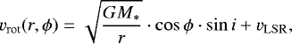 \begin{equation*}v_{\mathrm{rot}} (r, \phi) = \sqrt{\frac{G M_*}{r}} \cdot \cos{\phi} \cdot \sin{i} + v_{\mathrm{LSR}} ,\end{equation*}