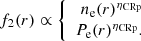 $$ \begin{aligned} f_2(r) \propto \left\{ \begin{array}{r c l} n_{\rm e}(r)^{\eta _{\rm CRp}} \\ P_{\rm e}(r)^{\eta _{\rm CRp}}. \end{array} \right. \end{aligned} $$