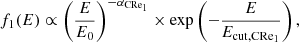 $$ \begin{aligned}&f_1(E) \propto \left(\frac{E}{E_0}\right)^{-\alpha _{\rm CRe_1}} \times \mathrm {exp} \left(-\frac{E}{\textit{E}_{\rm cut, CRe_1}}\right), \end{aligned} $$