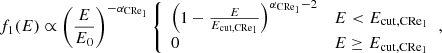 $$ \begin{aligned}&f_1(E) \propto \left(\frac{E}{E_0}\right)^{-\alpha _{\rm CRe_1}} {\left\{ \begin{array}{ll} \left(1 - \frac{E}{E_{\rm cut, CRe_1}}\right)^{\alpha _{\rm CRe_1} - 2}&E < E_{\rm cut, CRe_1} \\ 0&E \ge E_{\rm cut, CRe_1} \end{array}\right.}, \end{aligned} $$