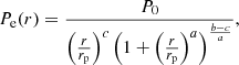 $$ \begin{aligned} P_{\rm e}(r) = \frac{P_0}{\left(\frac{r}{r_{\rm p}}\right)^c \left(1+\left(\frac{r}{r_{\rm p}}\right)^a\right)^{\frac{b-c}{a}}}, \end{aligned} $$