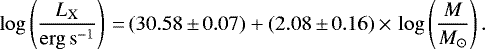 \begin{equation*} \log\left(\frac{L_{\mathrm{X}}}{\mathrm{erg\,s}^{-1}}\right)\,{=}\,(30.58\,{\pm}\,0.07) + (2.08\,{\pm}\,0.16)\,{\times}\, \log\left(\frac{M}{M_{\odot}}\right).\end{equation*}