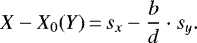 \begin{equation*} X - X_0(Y)\,{=}\,s_x - \frac{b}{d} \cdot s_y.\end{equation*}