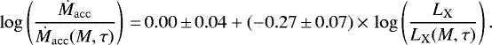 \begin{equation*} \log\left(\frac{\dot{M}_{\mathrm{acc}}}{\dot{M}_{\mathrm{acc}}(M,\tau)}\right)\,{=}\,0.00\,{\pm}\,0.04 + (-0.27\,{\pm}\,0.07)\,{\times}\,\log\left(\frac{L_{\mathrm{X}}}{L_{\mathrm{X}}(M,\tau)}\right). \end{equation*}