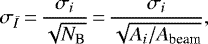 \begin{equation*} \sigma_{\bar{I}}\,{=}\,\frac{\sigma_i}{\sqrt{N_{\textrm{B}}}}\,{=}\,\frac{\sigma_i}{\sqrt{A_i/A_{\textrm{beam}}}}, \end{equation*}