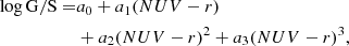 $$ \begin{aligned} \log \mathrm{G/S} =&a_0 + a_1 (NUV-r)\nonumber \\& +a_2 (NUV-r)^2 + a_3 (NUV-r)^3, \end{aligned} $$