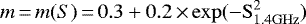 \begin{equation*} m\,{=}\,m(S)\,{=}\,0.3+0.2 \,{\times}\, \rm{exp}(-{S}_{\rm{1.4GHz}}^2)\end{equation*}