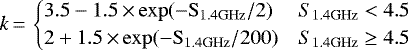 \begin{align*} k\,{=}\, \begin{cases} 3.5 - 1.5\,{\times}\, \rm{exp}(-{ S}_{\rm{1.4GHz}}/2) & {S}_{\rm{1.4GHz}}< 4.5\\ 2 + 1.5\,{\times}\, \rm{exp}(-{ S}_{\rm{1.4GHz}}/200) & S_{\rm{1.4GHz}}\geq 4.5 \end{cases}\end{align*}