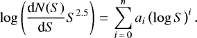 \begin{equation*} \log\left(\frac{\textrm{d}N(S)}{\textrm{d}S} S^{2.5}\right)\,{=}\,\sum_{i\,{=}\,0}^n a_i \left(\log S \right)^i.\end{equation*}