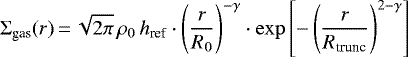 \begin{equation*}\Sigma_{\text{gas}}(r)\,{=}\, \sqrt{2\pi}\,\rho_0\,{h_{\text{ref}}}\cdot\left(\frac{r}{R_0}\right)^{-\gamma}\cdot\exp{\left[-\left(\frac{r}{R_{\text{trunc}}}\right)^{2-\gamma}\right]} \end{equation*}